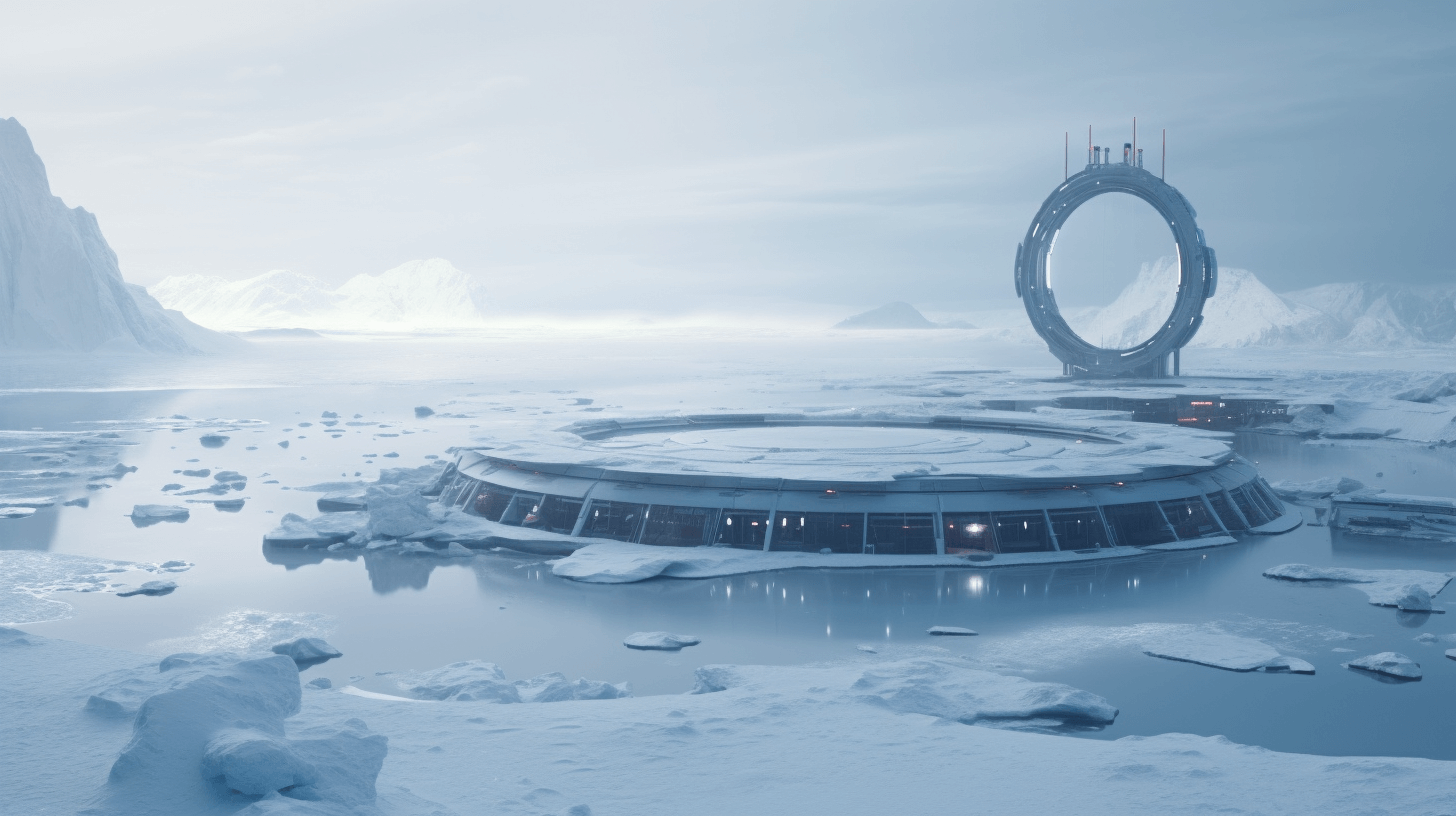 In the artist's vivid imagination, extraterrestrial beings construct an otherworldly base beneath Antarctica's icy expanse, blending alien technology with the frozen beauty of Earth's southernmost continent.