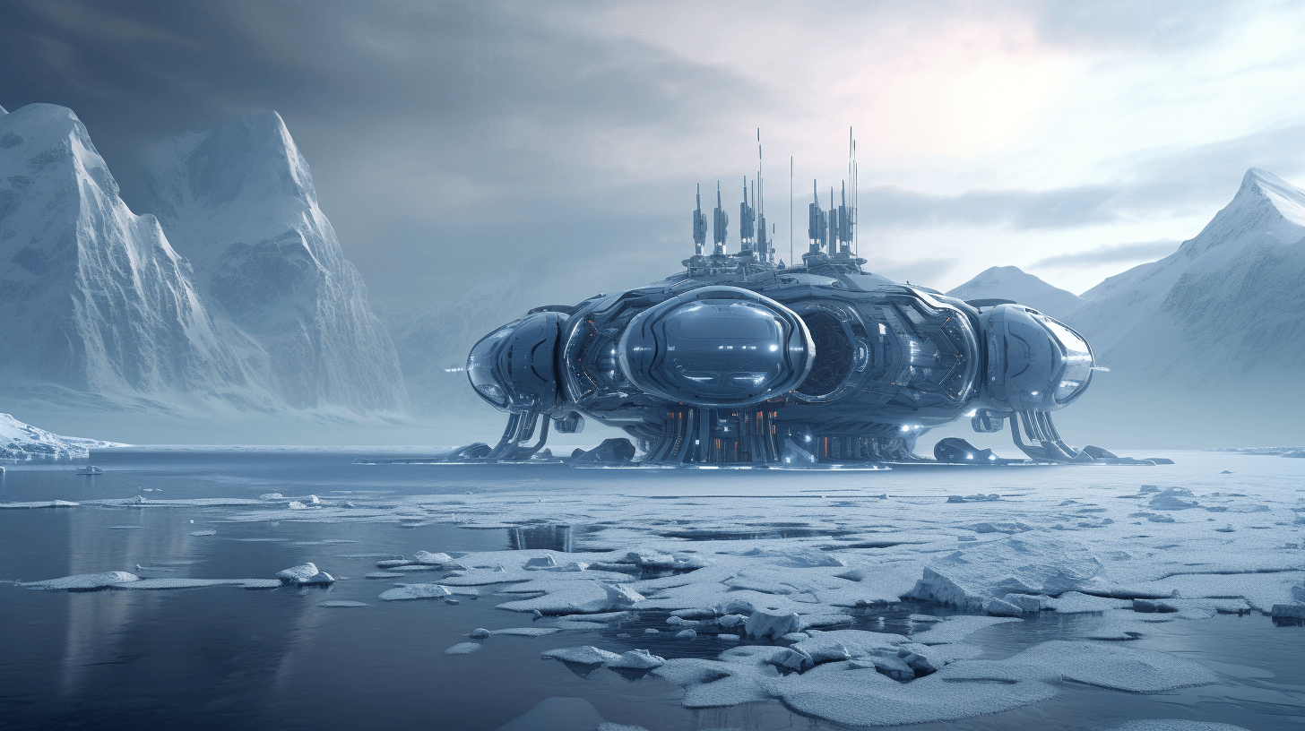 The artist envisions an Antarctic refuge for enigmatic aliens, where metallic structures rise from the icy landscape, fusing the mystique of extraterrestrial life with the stark, remote allure of the frozen continent.