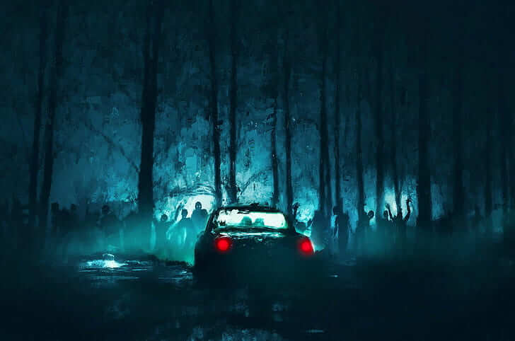 Car parked in dark forest