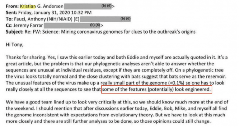 Fauci Emails: COVID “Looks Engineered,” A Govt-Funded Immunologist Told Fauci in January 2020