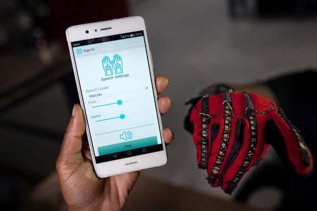 The Sign-IO app, which vocalises words signed by the person wearing the gloves. Photograph: Brett Eloff/Royal Academy of Engineering.