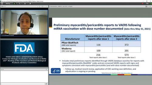 A slide on myocarditis reports post-COVID-19 vaccination is shown during the Food and Drug Administration’s Vaccines and Related Biological Products Advisory Committee meeting on June 10, 2021. (FDA/Screenshot via The Epoch Times)