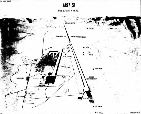 Area 51 site map, as depicted in declassified CIA documents released via its CREST program (Credit: CIA.gov/Wikimedia Commons).