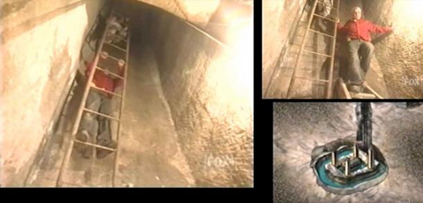 Zawi Hawass descending down a shaft towards a chamber filled with water that contained a large sarcophagus. Credit: Fox