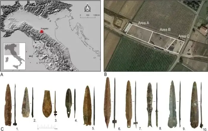 The 10 daggers, along with a map showing the area of their discovery. (Newcastle University)