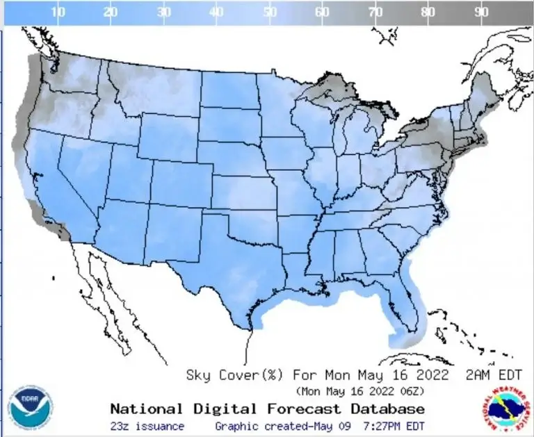 Projected cloud cover percentage for the CONUS for Sunday night (NOAA)