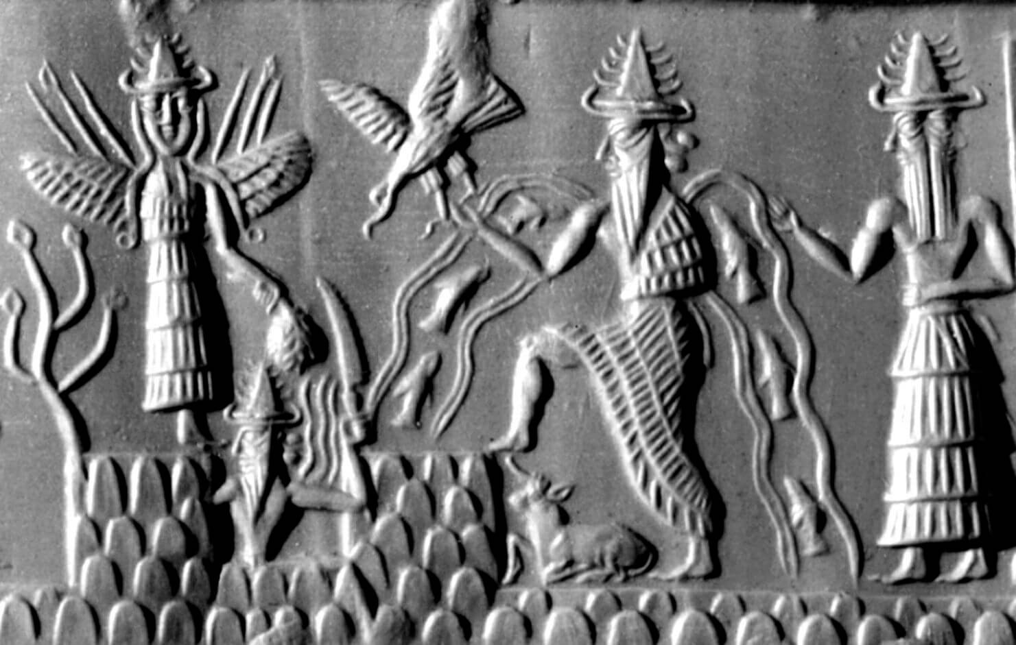 Akkadian cylinder seal dating to c. 2300 BC depicting the deities Inanna, Utu, and Enki, three members of the Anunnaki ©Image Credit: The British Museum Collections (CC0)