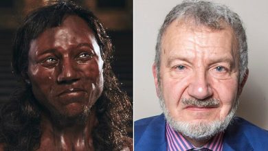Cheddar Man, left, was discovered in Gough's Cave in 1903 and is believed to be the oldest complete skeleton in the UK, retired while history teacher Adrian Targett, right, believes he bears an uncanny resemblance to the first modern Briton as well as sharing his DNA.