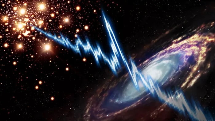 An artist's depiction of fast radio bursts coming from galaxy M81. (Image Credit: Chalmers University of Technology/Daniëlle Futselaar, artsource.nl)