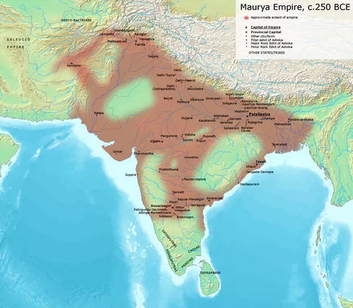 The sprawling Maurya Empire in about 250 B.C - Credit: Avantiputra7/Wikimedia Commons, CC BY-SA