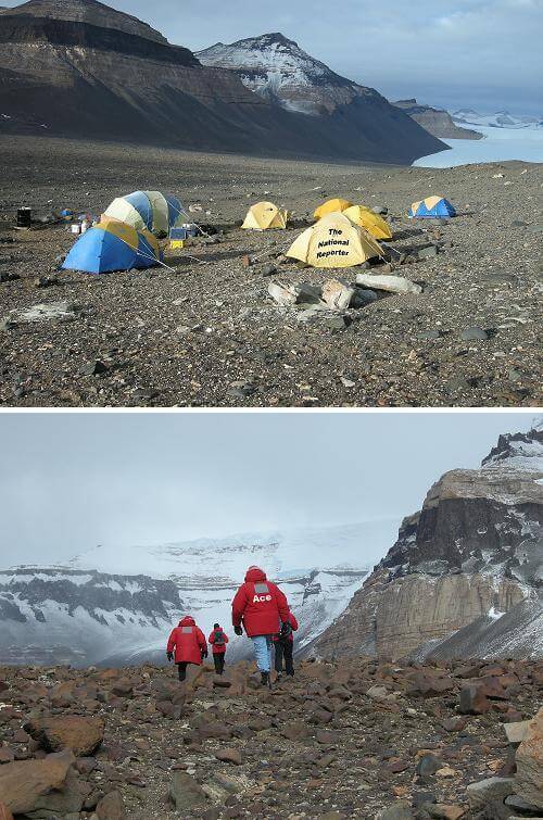 Top Basecamp with National Reporter tent in the foreground. Bottom; Star reporter Ace Flashman walking with his investigative team.