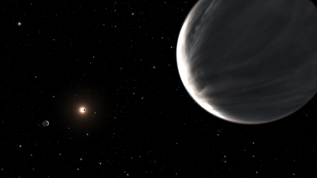 In this illustration, exoplanet Kepler-138 d is in the foreground and Kepler-138 c is on the left. In the background, Kepler 138 b is passing in front of its parent star. The low densities of Kepler-138 c and Kepler-138 d indicate that they must be composed largely of water.  Credit: NASA, ESA, Leah Hustak (STScI)