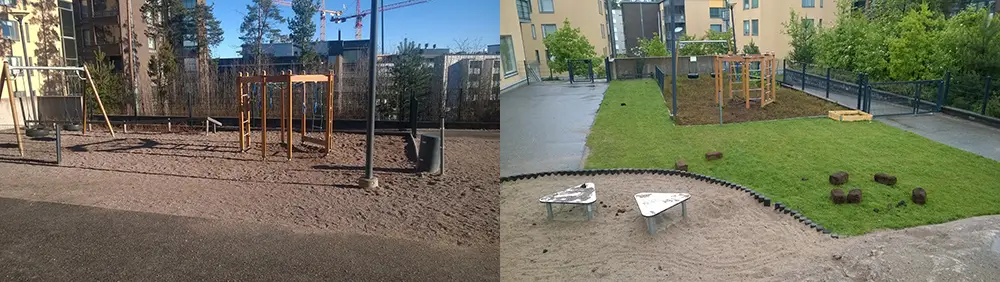 One daycare before (left) and after introducing grass and planters (right). (University of Helsinki)