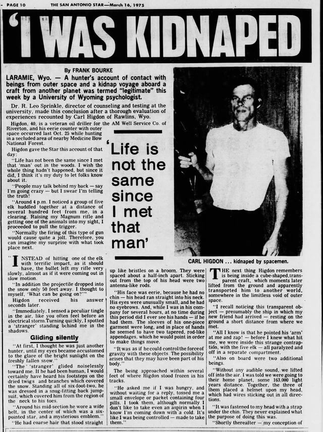 Newspaper clip of Carl Higdon alien abduction