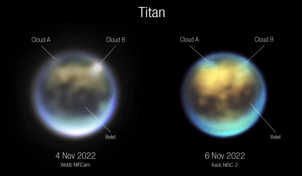Evolution of clouds on Titan over 30 hours between Nov. 4 and Nov. 6, 2022, as seen by Webb NIRCam (left) and Keck NIRC-2 (right). 