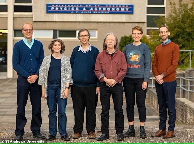 The preparatory work will take place at a new research hub at the university dedicated to the search for extraterrestrial intelligence (SETI). Pictured: The St Andrews SETI Post-Detection Hub team, from left: Derek Ball, Emily Finer, Martin Dominik, John Elliott, Emma Johanna Puranen, and Adam Bower.
