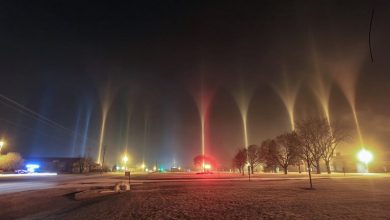 Some extraordinary rare light pillars from freezing fog tonight on the north side of Beloit, Wisconsin