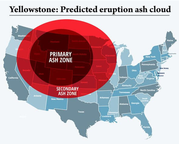 The predicted ash cloud of a Yellowstone eruption (Image: EXPRESS)