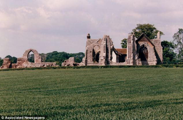 Site: The bones were uncovered in a 20-inch deep unmarked grave among the ruins of Leiston Abbey (pictured)