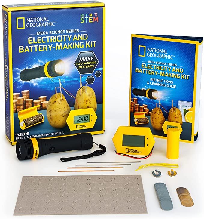 NATIONAL GEOGRAPHIC Battery Making Kit - Potato Clock and Penny Powered Flashlight Science Kit, 2 STEM Electricity Projects Great for Girls and Boys, Science Projects That Teach Kids About Circuits