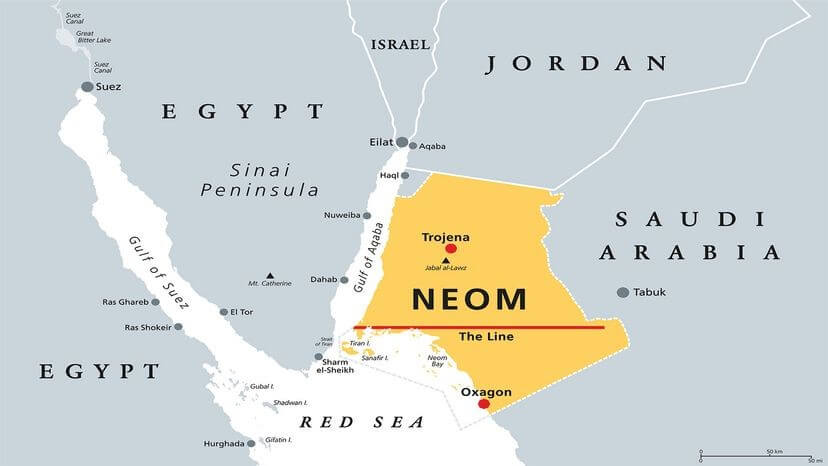 The Line is being constructed as part of the Neom project in the Tabuk Province of northwestern Saudi Arabia, north of the Red Sea and beside the Gulf of Aqaba. Peter Hermes Furian/Shutterstock
