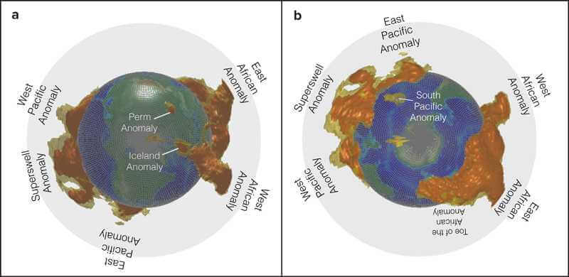 The blobs, seen from the (a) North and (b) South Poles. The two-toned structures show the shapes of the blob based on the agreement of five different models (brown) and three different models (tan). Credit: Cottaar and Lekic, 2016.