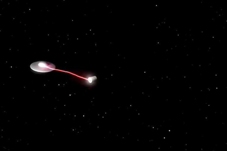 A reconstruction of a UFO sending a beam of light at the warhead in the edge of space.