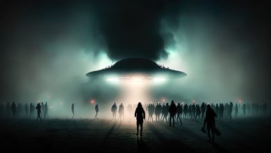 Enigmatic UFO hovers above as mysterious aliens exert their influence on captivated humans below.