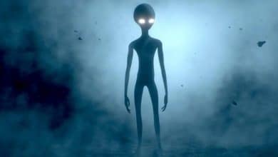 Mysterious extraterrestrial being stands in an enigmatic realm, a world beyond human understanding.