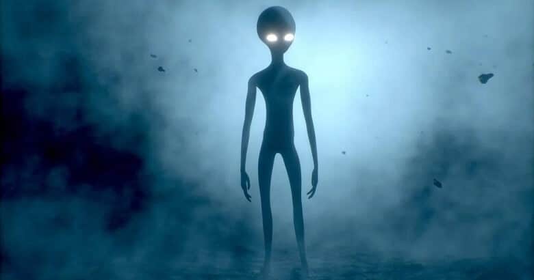 Mysterious extraterrestrial being stands in an enigmatic realm, a world beyond human understanding.