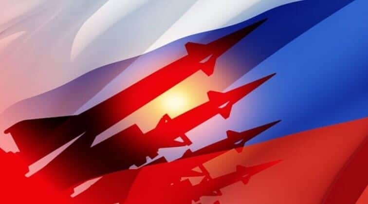 Russian flag with nuclear bombs: symbols of power and potential destruction.