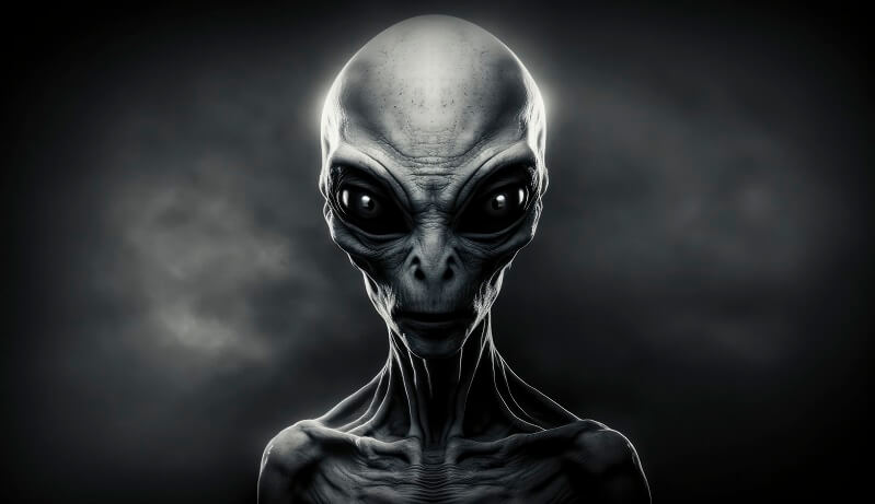 Grey alien with large black eyes, elongated head, and slender body, standing in a mysterious pose, evoking a sense of otherworldly presence.