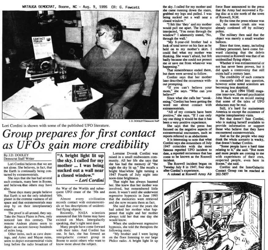 Here Lorraine is in a local 1996 newspaper article: “Group prepares for first contact as UFO’s gain more credibility”. In light of current events, these were prophetic words.