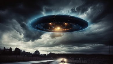 UFO flying over the road at night. 3d rendering. Invasion of extraterrestrial.