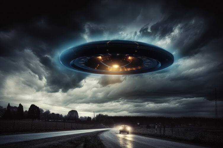 UFO flying over the road at night. 3d rendering. Invasion of extraterrestrial.