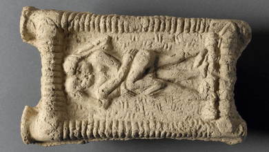 A Babylonian clay model dated to 1800 B.C.E. shows a nude couple on a couch engaged in sex and kissing.