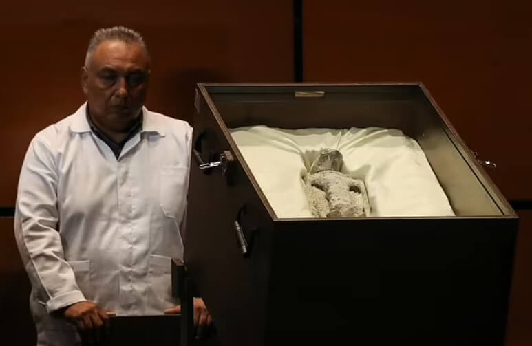 An alleged alien corpse displayed during a briefing on UFOs at the San Lazaro Legislative Palace in Mexico City on Tuesday. (REUTERS/Henry Romero)