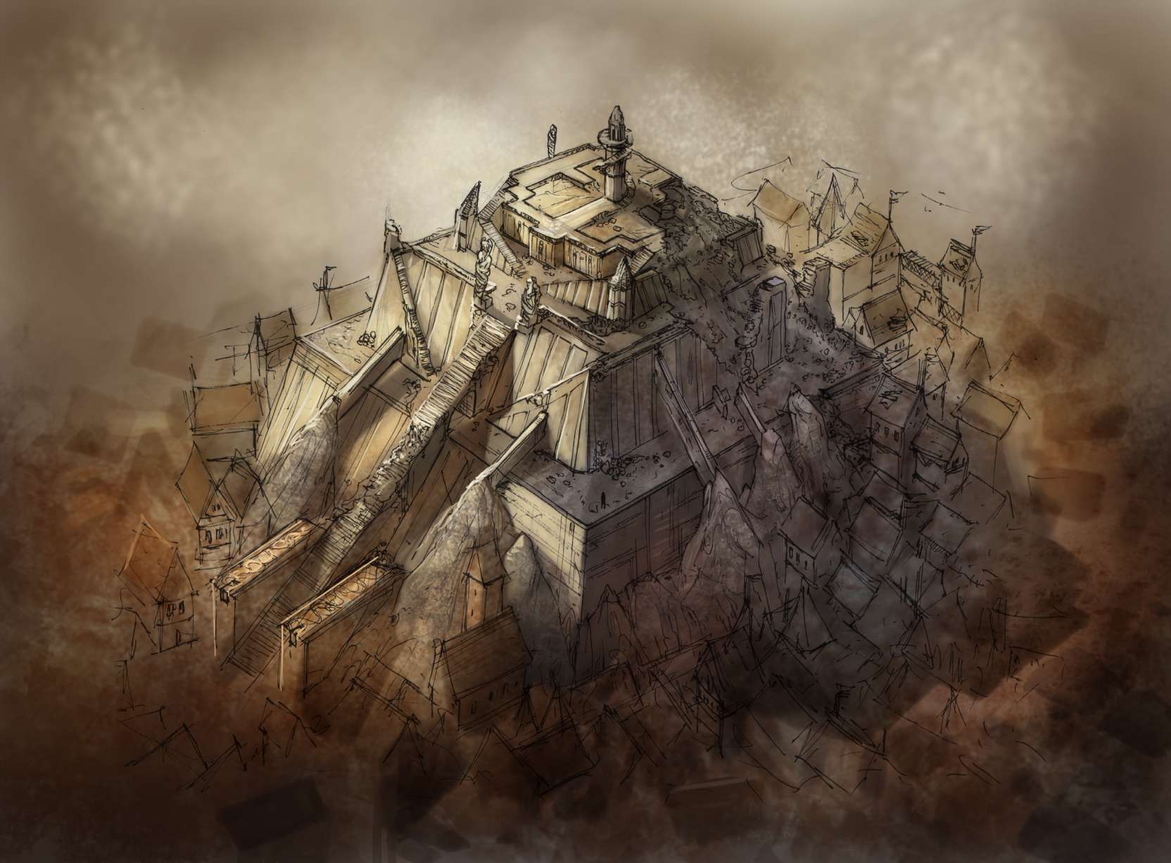 Top image: Concept-art of a ziggurat done for Sintel, 3rd open-movie of the Blender Foundation.