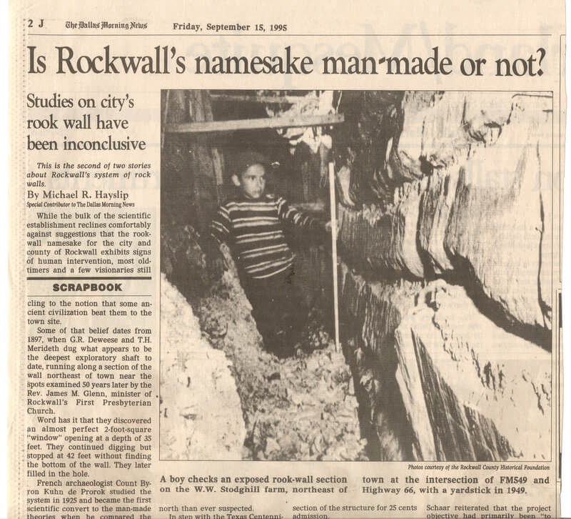 This photo taken around 1965 by a Dallas newspaper photogra- pher shows a small boy exploring a portion of the rock wall. The location of the site and the name of the boy are not known