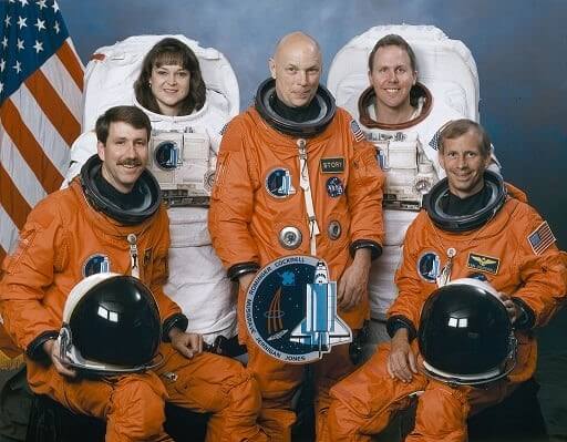 The crew Of Sts-80, Seated (from left-to-right) Kent V. Rominger, Pilot; Kenneth D. Cockrell, Commander. Standing (left-to-right) Mission Specialists Tamara E. Jernigan, F. Story Musgrave, And Thomas D. Jones. Photo Credit: NASA