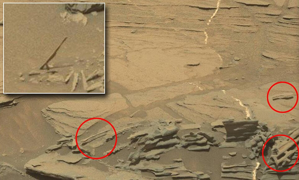 A wide range of familiar objects have been spotted in images sent back by spacecraft and rovers on Mars, including a spoon (pictured) apparently floating in mid-air and other pieces of cutlery like a chopstick (inset)