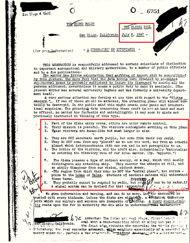 Original document dated July 8, 1947, the day after the UFO Incident at Roswell.