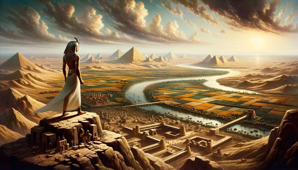 Artistic representation of Thutmose, standing atop a vantage point overlooking the Nile River. Adobe Stock