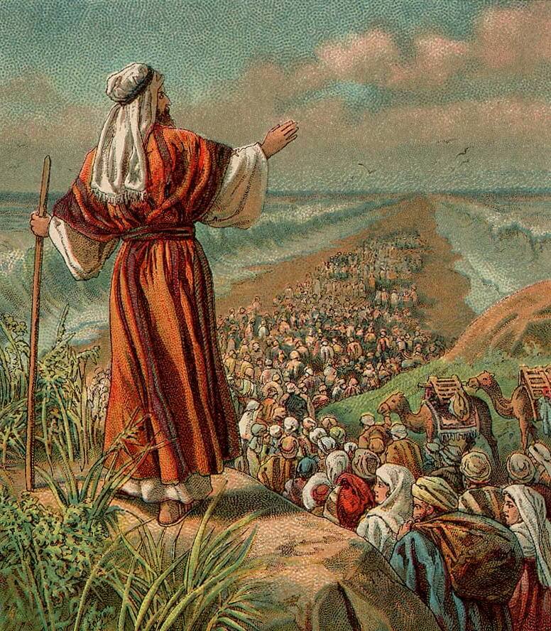 A 1907 CE Bible card depicting Moses and the parting of the Red Sea. Public Domain