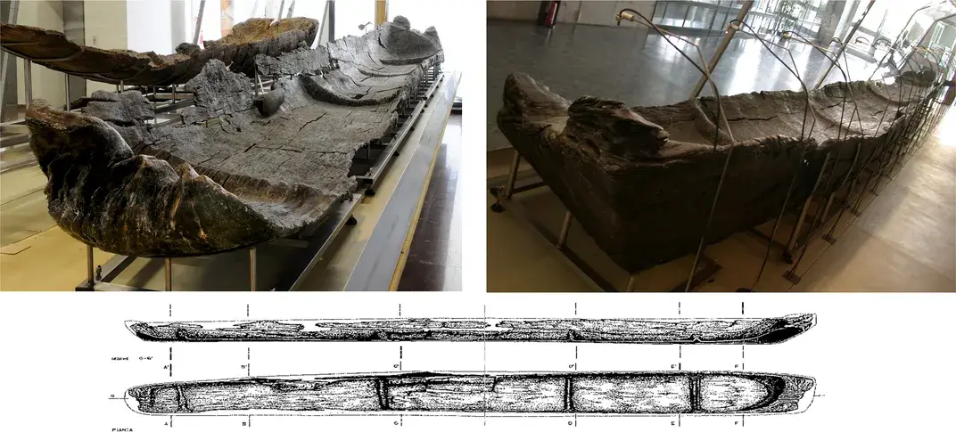 The first canoe excavated from La Marmotta, extending some 32 feet long and made of oak. 