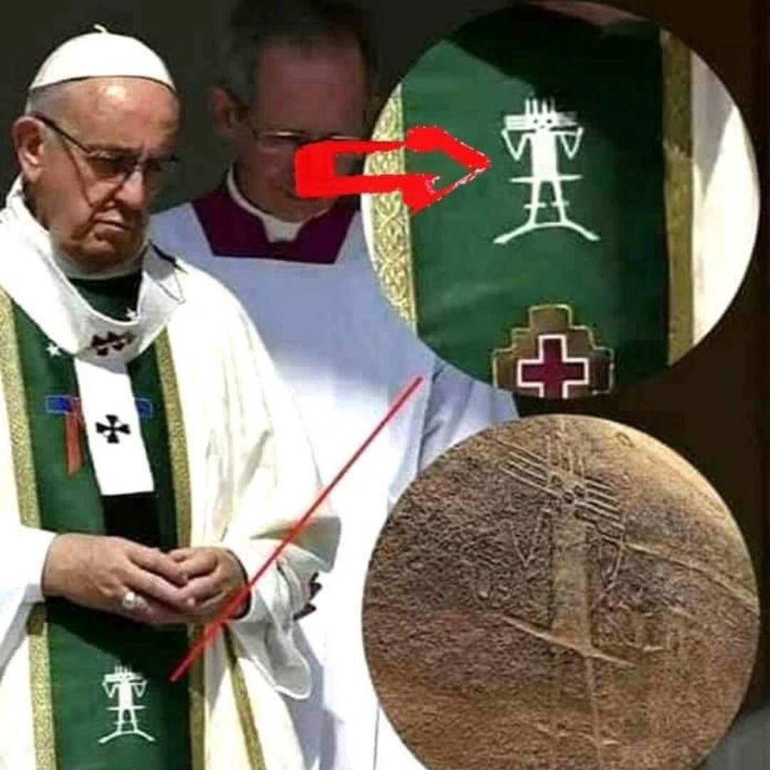 Why Does The Pope Have A Symbol of An Alien On His Cover? This Symbol Is The Atacama Giant, A 3000-Year-Old & 86-Meter-Tall Drawing Found In Chile