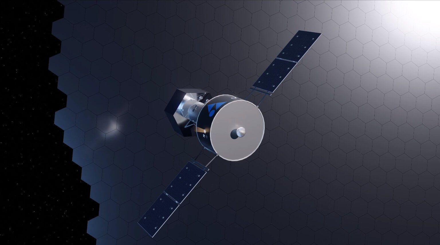 A still from a Victus Solis promotional video showing an in-space manufacturing spacecraft manoeuvring a solar power element into place in a large array.