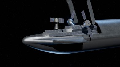 An illustration of a SpaceX Starship deploying several orbital manufacturing satellites in space.