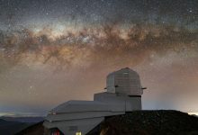 The Milky Way spreads across the night sky above the Vera C. Rubin Observatory.