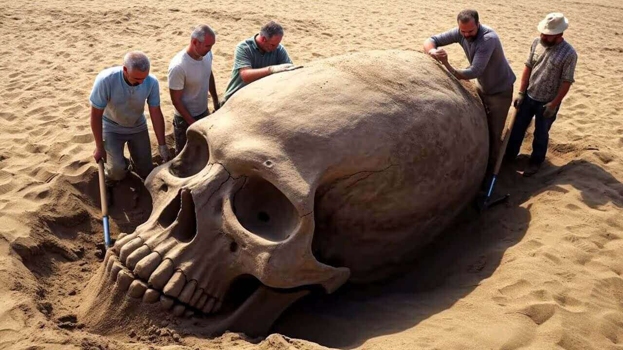 Archaeologists uncover a massive skull in the sands of the Gobi Desert, fuelling theories of ancient giants.